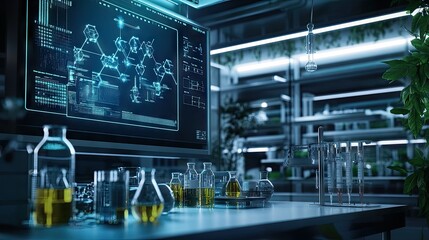 Poster - A high-tech lab is filled with advanced scientific equipment, and a display screen shows chemical equations alongside animated molecular diagrams.