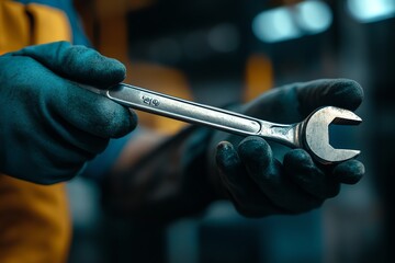 Closeup of gloved hands holding a wrench.