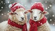 © Johannes - Two sheep wearing in warm red knitted scarf and hat in the snow. Dressed sheep on blurred snowy winter background. Wildlife scene from the wild nature. Christmas banner, card, poster with copy space