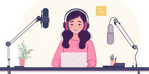 Poster - A Young Woman with headphones host streaming podcast and interview guest conversation at broadcast studio. recording voice over radio,Content creator,Blogger 