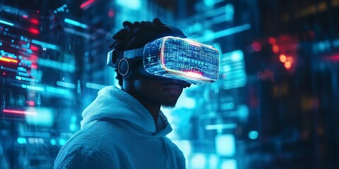 Poster - A young man wearing VR headset, playing with his goggles in a futuristic cyber world - Virtual reality, innovation and new technology abstract concept