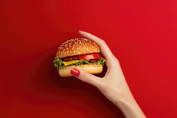 Sticker - Female hand with tasty burger on color background  burger