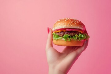 Female hand with tasty burger on color background  burger