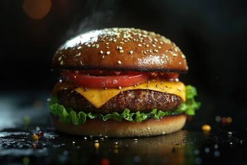 Wall Mural - Fresh tasty burger on dark background.