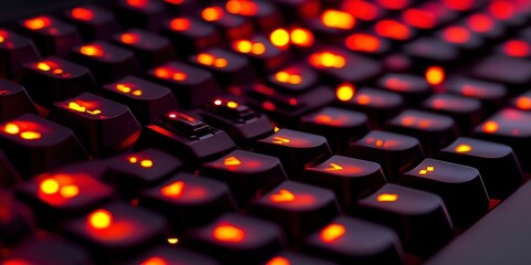 Poster - A tight shot of a computer keyboard with red and yellow lights emanating from the keycap tops