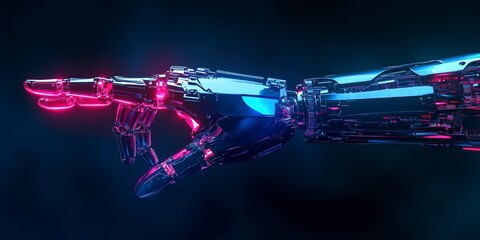 Wall Mural - A robotic hand with a holographic finger on cyber background with copy space. Humanoid mechanical arm with neon illumination. Banner. 