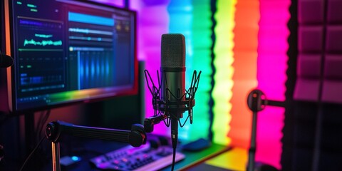 Poster - A podcast recording session focused on gay rights and culture, featuring a colorful, inclusive setting 