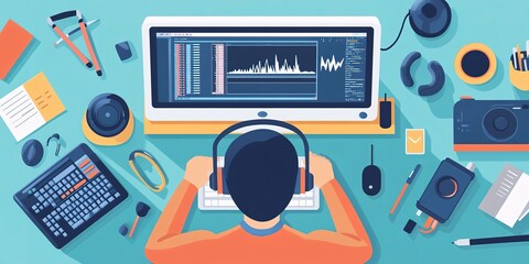 Poster - A person wearing headphones sits at a computer, editing a podcast episode. Various tools and equipment are scattered around