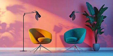 Wall Mural - a minimalist podcast studio setup with two contrasting brightly colored chairs and microphones against a backdrop of a large