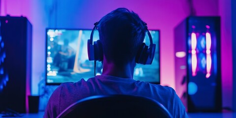 Poster - a man playing computer game in blue purple neon light studio room, online lifestyle
