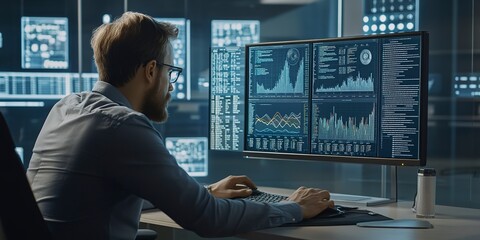 Poster - A man is sitting at a desk in front of a computer monitor with a lot of graphs and numbers on it. He is focused on the screen and he is working on some data analysis. The room has a modern