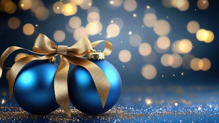 Blue Christmas balls with gold ribbon and bow on bokeh background