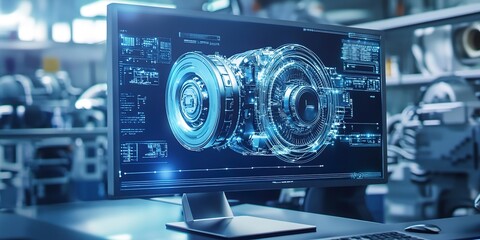 Poster - A computer monitor displays a futuristic engine design. Concept of innovation and technological advancement