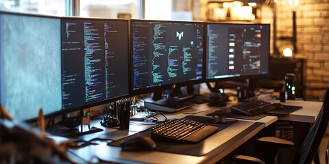 Wall Mural - A computer desk with several monitors and keyboards