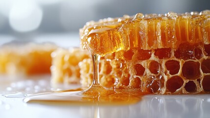 close-up of honeycomb dripping with golden honey.