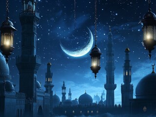 a serene ramadan background with glowing moon