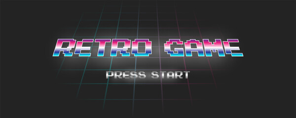 Aufkleber - RETRO GAME PRESS START.retro game. for game assets in vector illustrations.Retro Futurism Sci-Fi Background. glowing neon grid.and stars from vintage arcade comp	