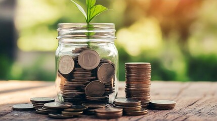 Wall Mural - Coins in a Jar with a Growing Plant   Financial Growth and Saving Money Concept