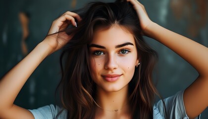 Charming young woman playfully styling her hair