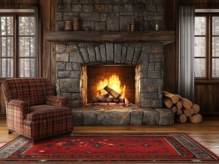 Cozy cabin living room with fireplace and armchair.