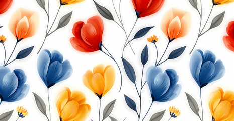 Wall Mural - Flowing floral design set against a white backdrop. vibrant watercolor image of flowers in bloom that features purple, orange, and red tones, forming a happy and creative floral design.