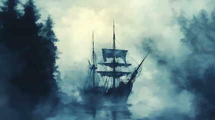 Sticker - A mysterious ship looms through foggy waters, surrounded by dark trees, evoking an atmosphere of adventure and intrigue.