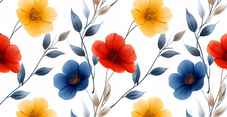 Wall Mural - Flowing floral design set against a white backdrop. vibrant watercolor image of flowers in bloom that features purple, orange, and red tones, forming a happy and creative floral design.