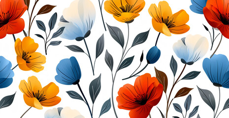 Wall Mural - Flowing floral design set against a white backdrop. vibrant watercolor image of flowers in bloom that features purple, orange, and red tones, forming a happy and creative floral design.