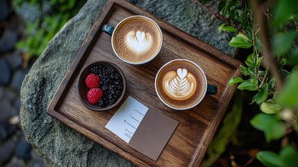 Two Cappuccinos with Latte Art on a Wooden Tray with Berries