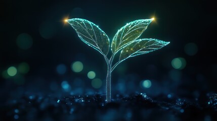 Wall Mural - A small plant with a glowing stem is shown in a dark background