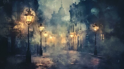 A misty street scene illuminated by vintage lamps, evoking a sense of nostalgia and mystery in a soft, painterly style.