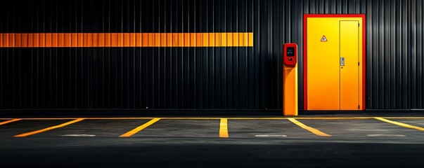 Security barrier at parking entrance, bright orange control box with vivid red accents, clean lines, and modern urban architecture