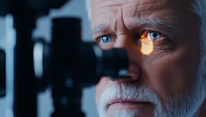 Senior man undergoing eye examination with modern equipment, focus on precision and technology in healthcare, ophthalmology concept