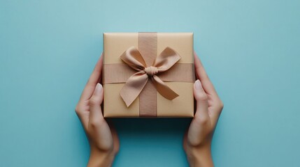 Top view of hands holding craft paper gift box with ribbon bow on isolated pastel blue background. Generated AI. transparent background