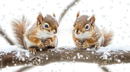 two little Squirrels sitting on a branch in the winter snow transparent background