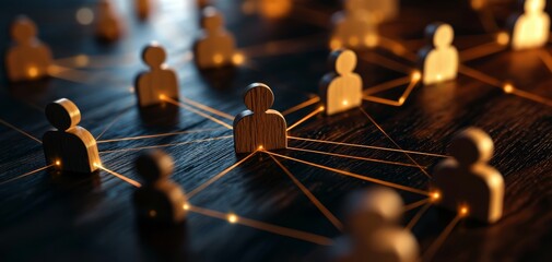 Wooden human icons connected by thin lines, abstract social network concept, 3D illustration
