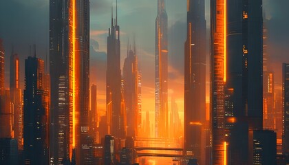 Wall Mural - Glowing Orange Lights Illuminate Futuristic High-Rise Cityscape