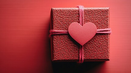 Red gift box with a heart-shaped tag tied with twine on a red background.