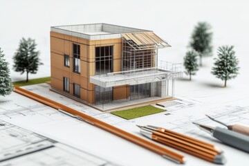 Poster - 3D rendering of an architectural model with drafting instruments on a white background