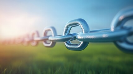 Metallic Chain Link Close Up  Green Grass  Blue Sky Background