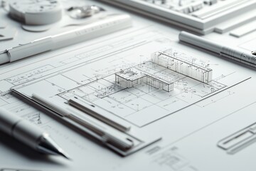 Poster - 3D rendering of an architectural model with drafting instruments on a white background