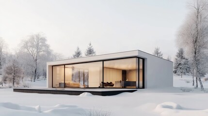 Leinwandbilder - A sleek minimalist house with large glass windows and clean lines surrounded by a pristine white backdrop