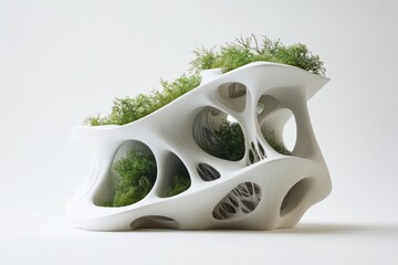 Poster - Biomimicry in architecture, nature-inspired design, sustainable building, on solid white background, single object