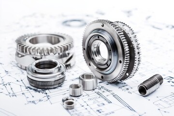 Poster - Close-up of mechanical gears and bearings with technical drawings in the background isolated on white