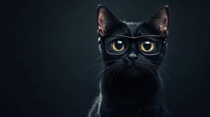 black cat in black glasses with empty space for text banner on the theme of halloween and black friday