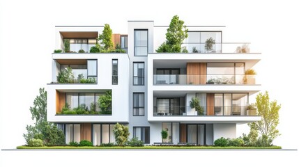 Poster - Contemporary urban apartment complex with balconies and green spaces isolated on a white background