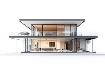 Leinwandbilder - Detailed 3D rendering of a residential house structure with transparent walls revealing the interior layout, isolated on white