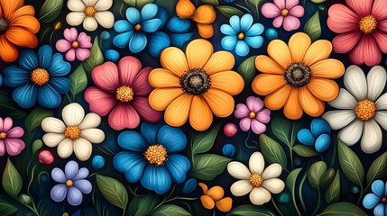 Poster - Colorful Floral Pattern  Blooming Flowers  Dark Background  Artistic Illustration