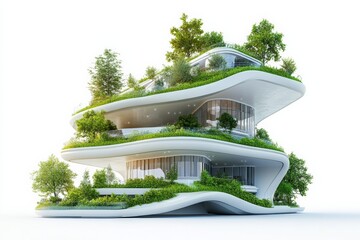 Poster - Eco-smart building design, integrated technology, sustainable architecture, on solid white background, single object