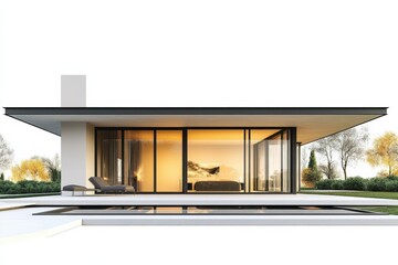 Poster - Elegant contemporary villa with a flat roof and floor-to-ceiling glass walls, isolated on a white background